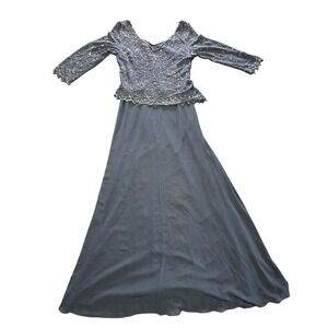 JKara Womens Grey Beaded V Neck 3/4 Sleeve Long Gown Formal Dress Size 6